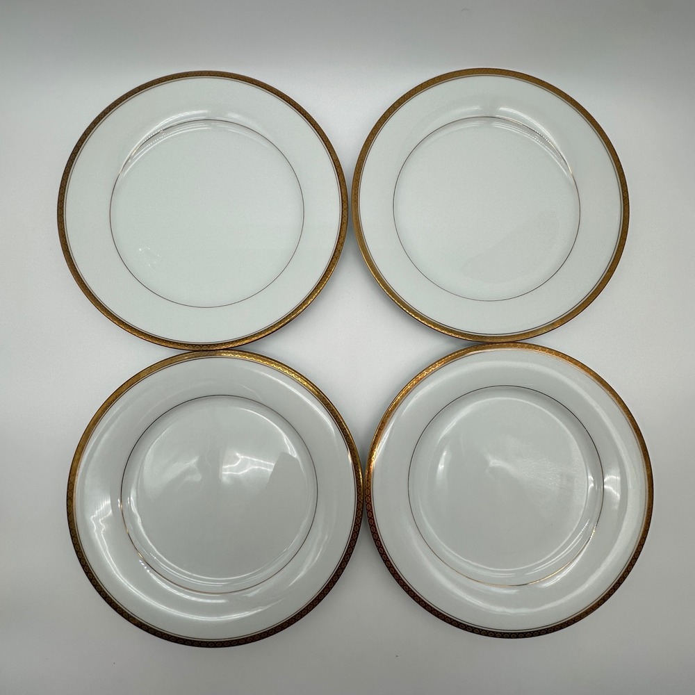 Noritake Richmond 6124 Dinner Plates Set of 4 Gold Encrusted Rim White Porcelain